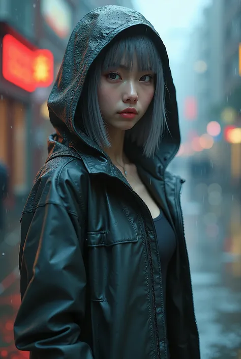 masterpiece, (Photorealsitic:1.4), Raw photo, Cyborg, rainwear　body, ash hair, rainy days, 1 Cyborg Girl, ((super realistic details)), global　illumination, Shadow, octan render, 8k, ultrasharp, character edge light, boobs, Details of complex ornaments, Cyb...