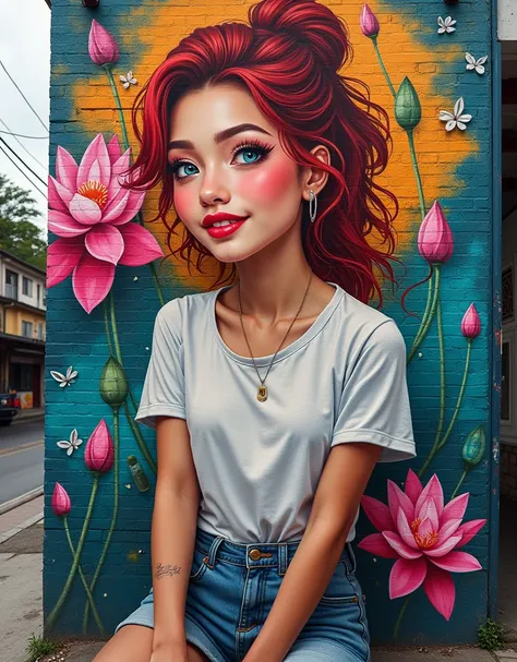 realistic, a vibrant graffiti mural on an urban wall featuring a beautiful Thai woman with sharp features and a radiant smile. She is wearing a casual short-sleeve t-shirt and denim shorts, with her red hair styled in a modern, effortless look. The mural h...