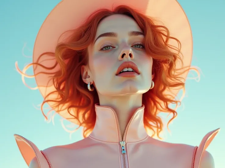 A beautiful redhead female country artist wearing a pastel sleek futuristic outfit with a huge headpiece center piece. She has clean makeup and is captured in vivid colors, embodying the essence of fantasy and a minimalist, fantastical edgy and regal theme...