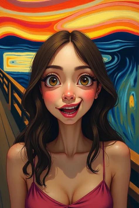 I want you to create a reinterpretation of Edvard Munch&#39;s artwork The Scream. I want you to make her portray a very beautiful lady very cute , eyes watch to the left, double chin, chin down, dumb, awkward smile , funny