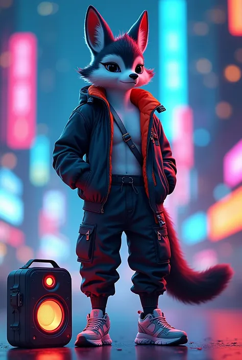 A stylish animal character, not human, standing confidently in a futuristic urban environment. This animal is listening to music from a sleek, portable speaker resting beside it, the soundwaves visibly rippling through the air. The character is wearing a t...