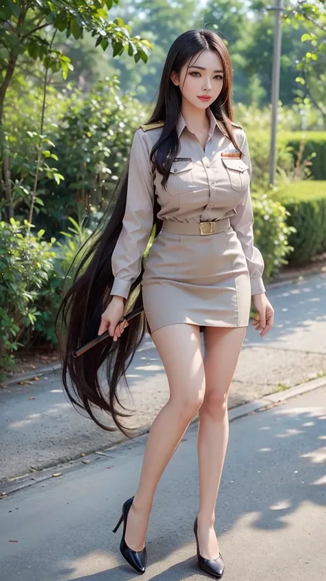 stand, walk, (( full body photo :1.3)),  slim body , Long slender legs, Khaki suit, Khaki civil servant, Thai teacher uniform:1.3, Two meters long hair,  Eye-catching long hair , Long black hair, Her hair is very long., Long, shiny hair, Long, thick, soft ...