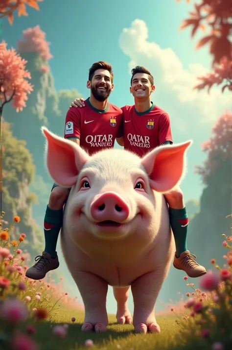 Messi and Ronaldo riding on pig