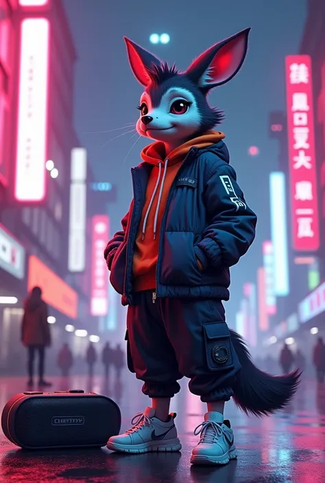 A stylish animal character, not human, standing confidently in a futuristic urban environment. This animal is listening to music from a sleek, portable speaker resting beside it, the soundwaves visibly rippling through the air. The character is wearing a t...