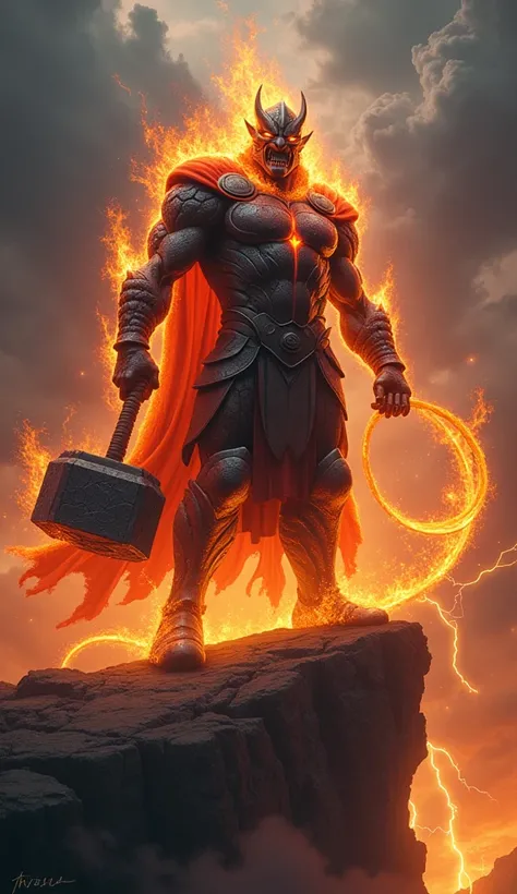 Thor + Balrog
A hybrid that combines the thunderous might of Thor with the hellish fury of the Balrog, this creature has a towering, fiery form wrapped in dark, molten armor. Its face has Thors intense, heroic features but with flames flickering from its e...