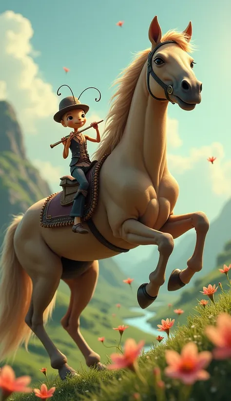 An ant playing the flute sitting on top of a horse 