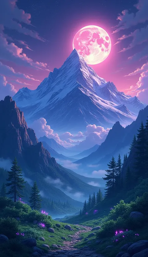 CREATE A LANDSCAPE WITH MOUNTAINS, stars. a moon, Purple Skies anime, forest