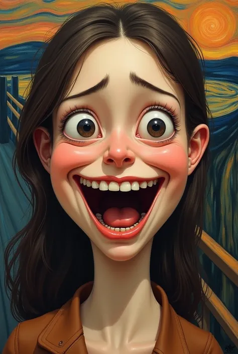 I want you to create a reinterpretation of Edvard Munch&#39;s artwork The Scream. I want you to make her portray a very beautiful lady very cute and, smiling , eyes watching left, double chin, chin down, dumb, awkward smile , funny