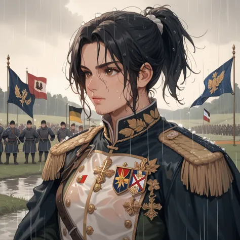 Stubble, sharp brown eyes, black hair, ponytail, rain, germany, teutonic order, germanic simbolism, medals, general, rain, rainclouds, grey sky, wet clothing, wet hair, golden details, flags, battlefield, medieval, absurdres