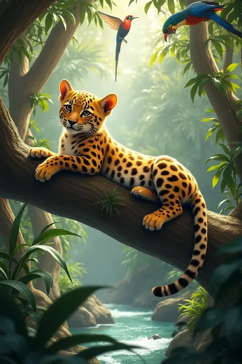 "A playful baby leopard lounging on a thick tree branch in a vibrant jungle. Its golden fur with dark rosettes glistens in the dappled sunlight. Below, a clear stream runs through the jungle, while exotic birds, including macaws and kingfishers, soar acros...