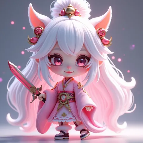  beautiful chibi-style taoist girl, white hair, pink dress, Holding a sword, Written "Baby" In the image logo design , character of the game, detailed face,  detailed eyes,  detailed lips , detailed clothes,  intricate details , ( best quality , 4K, 8k,  H...