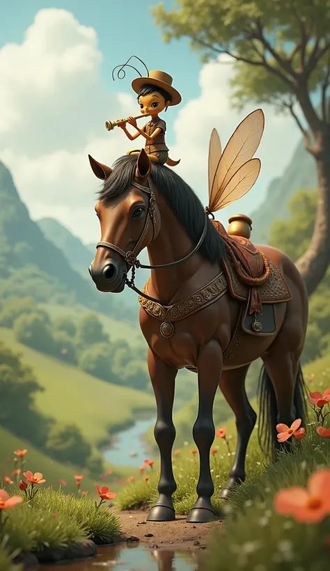 An ant playing the flute sitting on top of a horse 