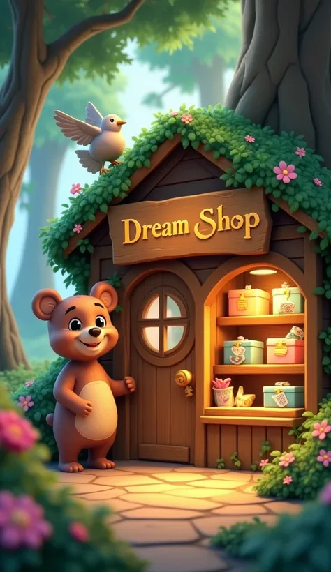 Create a 3d animated cartooned serene, enchanted forest scene with a small, cozy shop nestled among tall trees. Outside the shop, a wooden sign reads Dream Shop in golden letters. At the door, a friendly bear with soft brown fur and a warm smile stands to ...