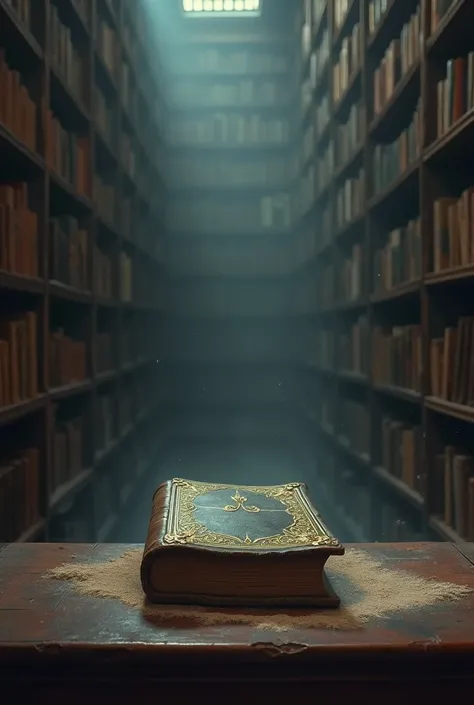 a mysterious old titleless book in middle of a old library