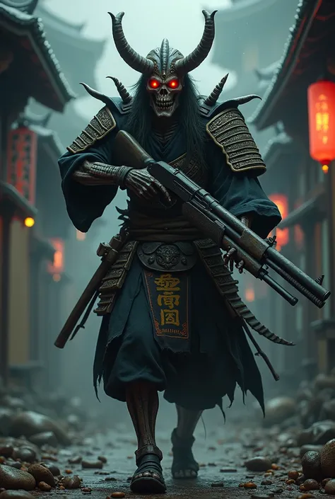 oni mask read eyes skiney samurai with shotgun