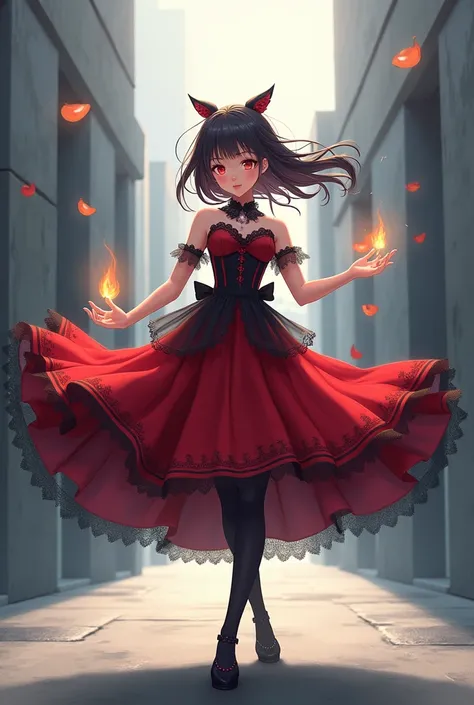 anime girl in a beautiful red and black dress and black stockings with a small red fire in her right and left hands is dancing against the gray background of the building