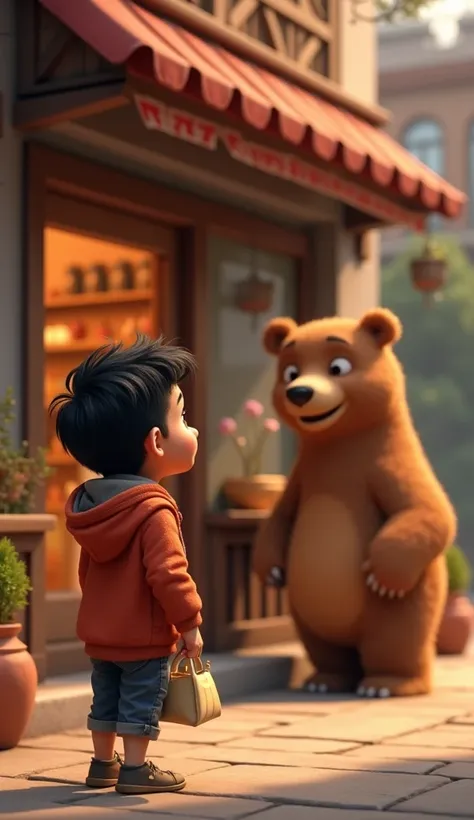 Create a 3D animated scene where a young boy, Ahmad, stands in front of the shop, looking at it with a mix of wonder and curiosity. The bear, standing at the shops entrance with a friendly smile, is welcoming the boy inside. Ahmad holds a small bag in his ...