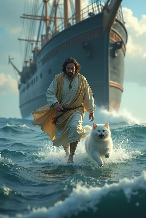 Jesus run at the big ship under the ship a white blubby cat in a sea water with fear try to swim , realistic 9:16