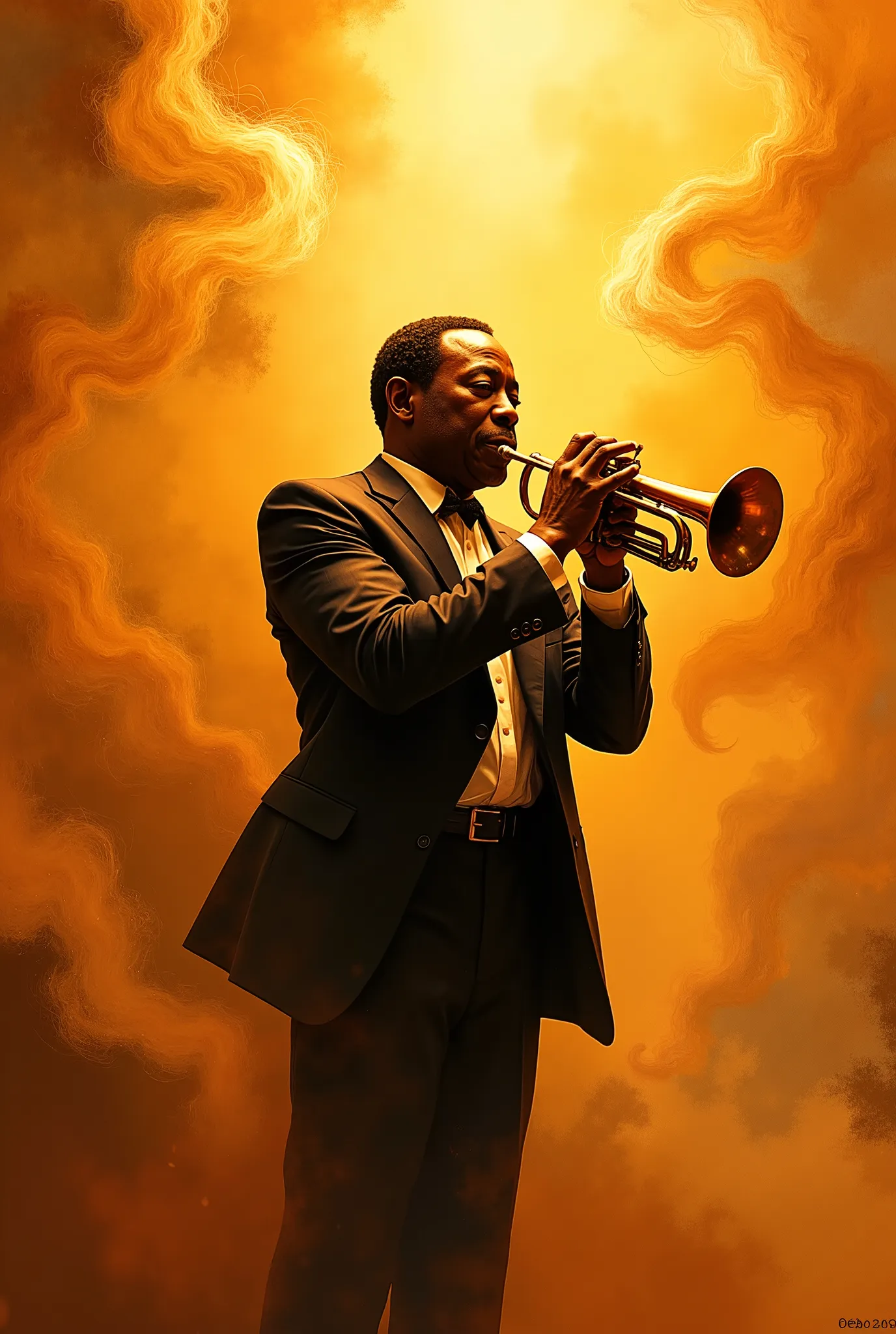 ,Louis Armstrong playing the trumpet.Beautiful winds are blowing and the light is shining .beautiful art,god bless you, impressive camera work