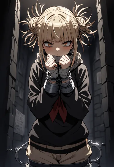 himiko toga from my hero akademia handcuffed with her hands folded in front (detained) with the handcuffs wrapped around their w...