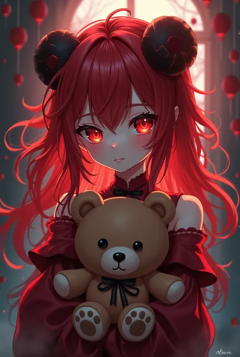 Anime demon girl readhead holding teddy bear