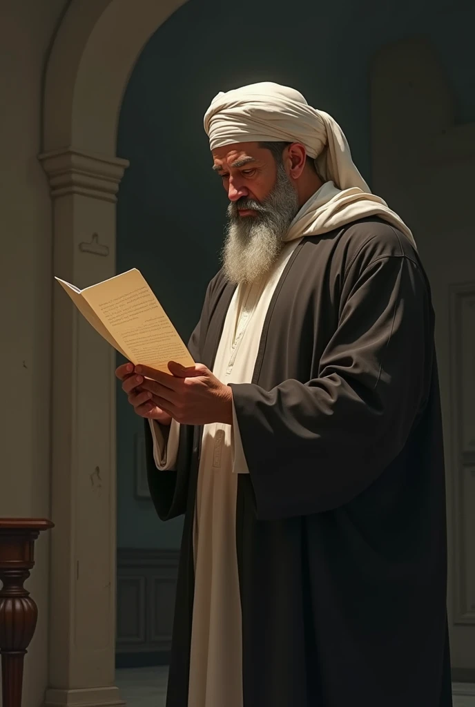 Muslim man craying standing reading a letter full body 