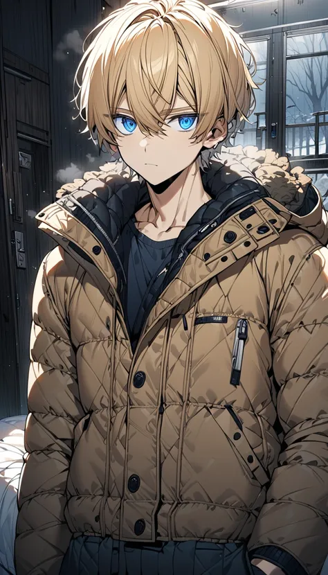 an anime style man, blonde hair, blue eyes, neutral expression, slender body, short hair, handsome, front hair on one side, detailed eyes, cold weather jacket, ultra detailed, high quality, masculine, bedroom background.