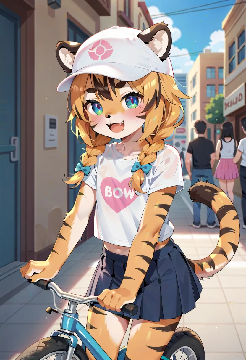 masterpiece, high resolution, best quality, baby body, baby height, flat chest, baby face, furry tiger girl riding a bike, t-shi...