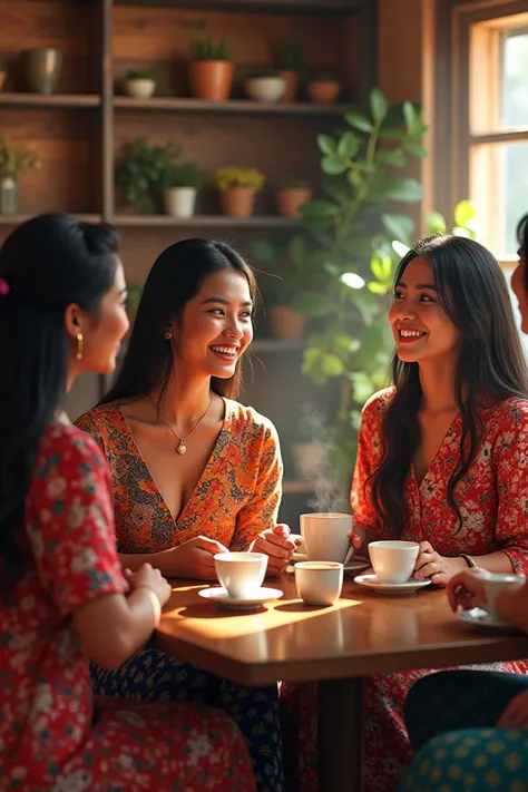 A group of women wearing batik sarong and blouse at a coffee shop (the blouse and the batik not a one piece item)