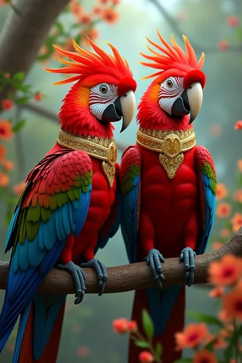 /imagine two close-up vivid colorful macaw parrots like the queen having red shining feather crowns and shining golden necklaces hanging, the birds sitting on the branch of colorful little tiny flowers and green leaves, birds should be long tails, colorful...