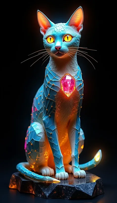 "A majestic and otherworldly cat with a body designed from intricate, glowing crystal shards and sleek mosaic patterns. The cat’s face is the focal point, made entirely of vibrant, multi-faceted crystals in shades of turquoise, ruby red, golden yellow, and...