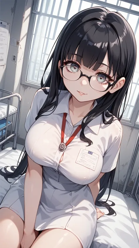 Black hair, glasses, long hair, abandoned hospital corridor, dimly lit corridor, girl with frightened expression, monster behind the girl