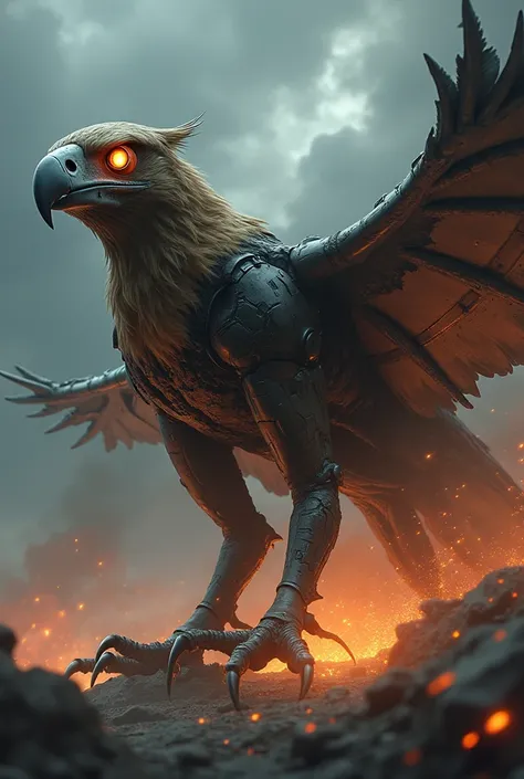 Design a terrifying hybrid creature that seamlessly combines the features of a hawk and an F-16 fighter jet. The entity should have the sharp talons and wings of a hawk, merged with the sleek metallic body and weapons of the jet. Its eyes glow with a dange...