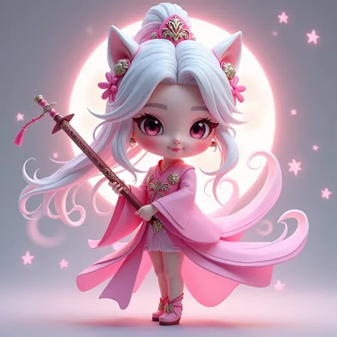 Team logo for match , text "Baby" in the image,  beautiful chibi-style taoist girl, white hair, pink dress, Holding a sword, logo design, character of the game, detailed face,  detailed eyes,  detailed lips , detailed clothes,  intricate details , ( best q...