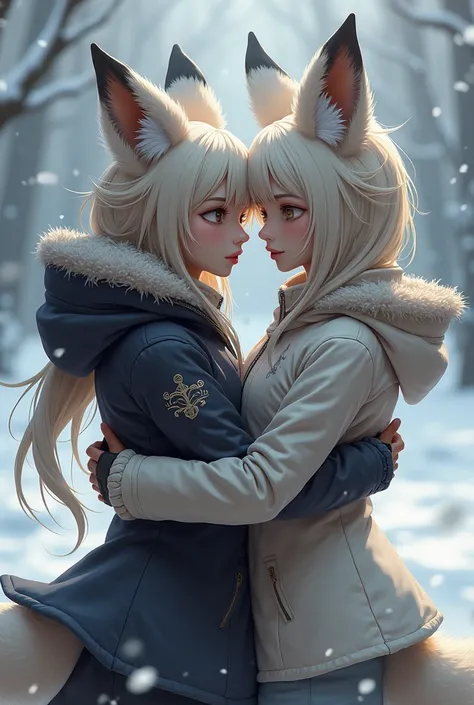 Two angry but very beautiful Asian fox girls in the snow in jackets hug each other tenderly 