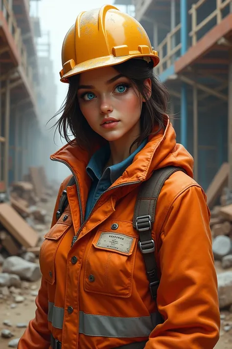  Generate a female construction worker in an orange coat,with a helmet,with blue eyes who will do something 