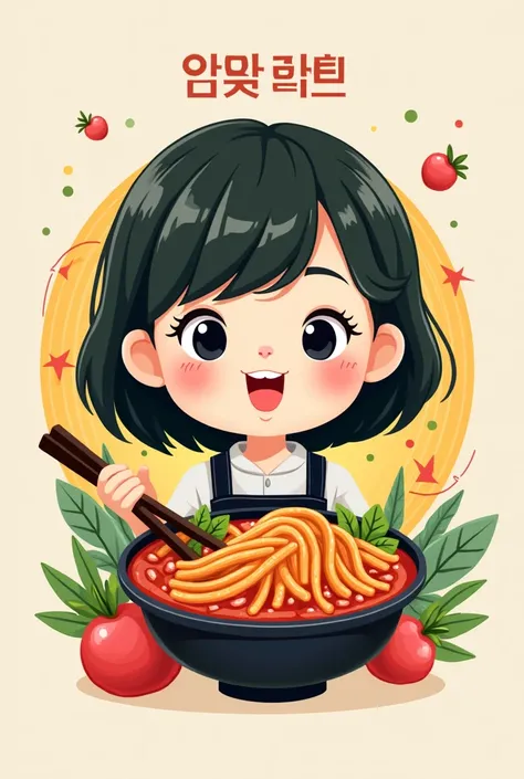 Kimbab logo which comes from Korea, make a kimbab logo that is shaped like a 2D character in the form of a woman with seaweed bangs, with a sweet smile, Make it with Korean elements and make kimbab as the main logo