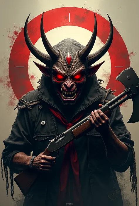 oni mask read eyes with shotgun and big axe in circale logo