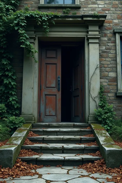 The main entrance of a dilapidated, abandoned mansion. The large, heavy wooden doors are slightly ajar, creaking on their rusty hinges. Vines and moss cover the stone walls, giving the mansion an ancient and eerie look. The stone steps leading up to the do...