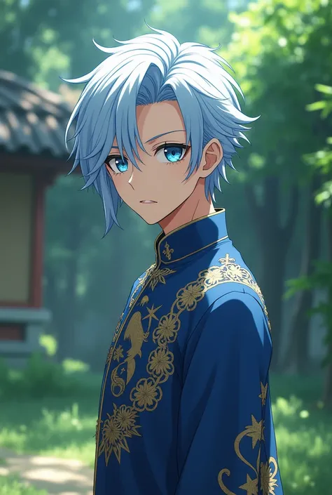 A handsome, beautiful, very detailed , with blue-white hair, eyes like an eagle, wearing a beautiful shirt is standing in the yard, looking disdainful and calling out, anime