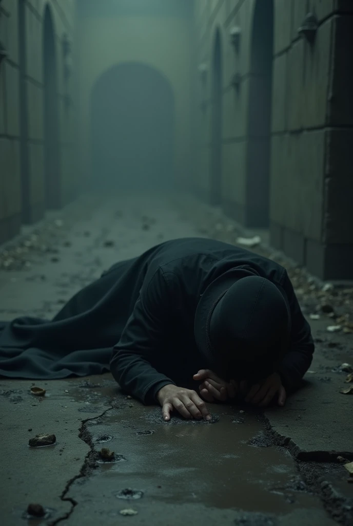 The man in the black robe and black hat was knocked down on the ground and passed out