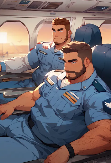 Masterpiece, Best Quality, Male, Short Hair, Muscular, Beefy, Thick Eyebrows, Hairy, Brown Hair, Airplane, Seat, Air Force Soldier, Military