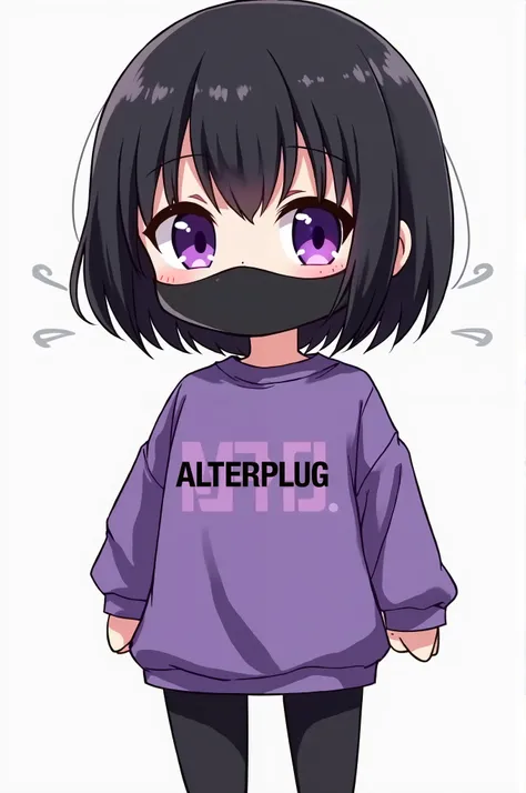 ALTERPLUG, Anime style, chibi, illustrated logo, medium short shot, Logo for Youtube of a girl, with short black hair, purple eyes, black face mask, purple oversized t shirt, with a logo in letters that It says "ALTERPLUG".