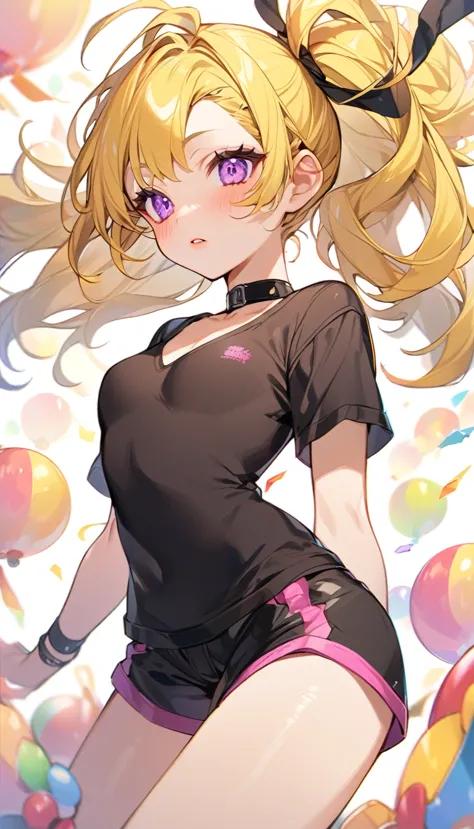 anime girl. short messy yellow hair, violet eyes, fair skin, flirtatious expression, fair skin, small tight black shirt, light blush, shorts, slightly pink lips. ((🥵))