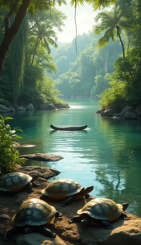 A winding Amazon river cutting through dense greenery, with turtles basking on sunlit rocks along the shore. A caiman swims quietly through the water, blending into the serene environment