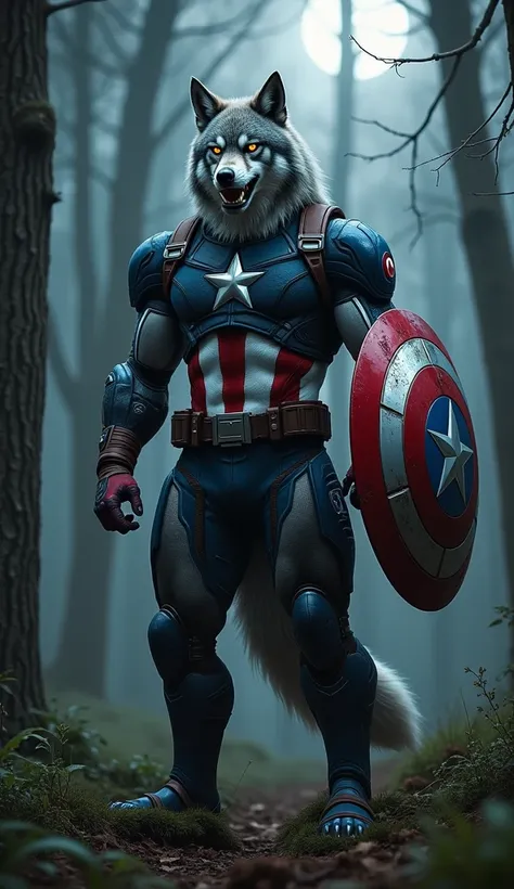 Imagine a powerful hybrid creature standing at the edge of a darkened forest. Its a fusion of Captain America and a wolf, embodying both the strength of a warrior and the wild instincts of the beast. The creatures head is a blend of human and wolf—fierce y...