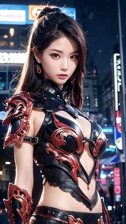 Create a hyper-realistic half-body image of a beautiful, fair-skinned Asian woman exuding strength and elegance, adorned in high-tech armor inspired by traditional samurai attire. Her armor features intricate designs that merge modern materials with classi...