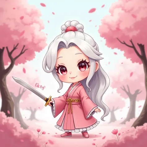 Team logo for match ,  beautiful chibi-style taoist girl, white hair, pink dress, Holding a sword, Pink trees, written Baby in the image
