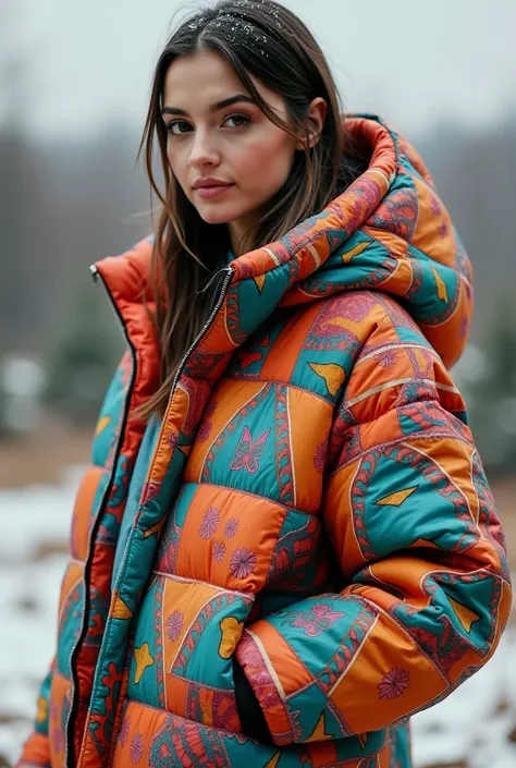 A woman in a colorful jacket posing for a picture. The model wears a puffer jacket with a stuffed dragon, inspired by Elina Karimova. The images are on the sales website and show a tribal yurta made in 2019. The design is biomorphic with an explosion on th...