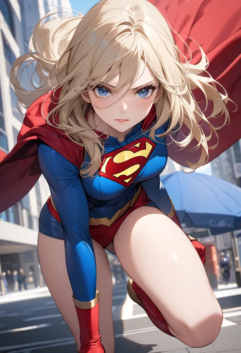 (( best quality)), ((masterpiece)), (  Details), （ perfect face）、 and that woman is a blond medium long haired supergirl, 1girl, Alone, action pose